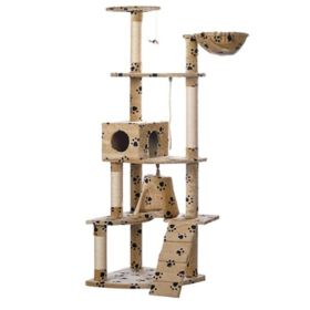 Cat Tree 75" Beige with Paw Prints Plush