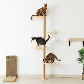 Wall-Mounted Cat Scratching Pad for Small to Large Cat, Indoor Wood Cat Tree with Hammock, Cat Scratcher Perch (Color: Burlywood)