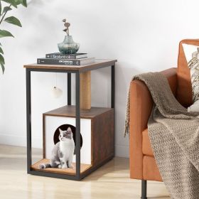 Cat Furniture End Table Cat House with Scratching Post (Color: Rustic Brown)
