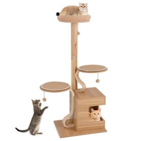 4-Layer Wooden Cat Tree 51" Tall Cat Tower with Condo and Washable Cushions (Color: Natural)