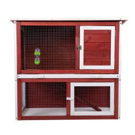 Wood Rabbit Hutch, Pet Playpen with 2 Stories, Ramp, Doors, Pull-out Tray, Water Bottle, Outdoor Enclosure for Small Animals Bunnies, Red and Whi (Color: as Pic)